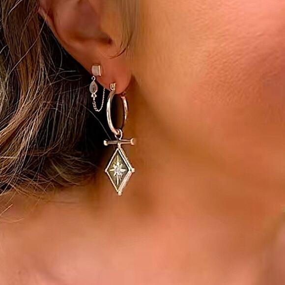Silver North Star Starburst Zircon Dangle Drop Earrings - Picture 4 of 6